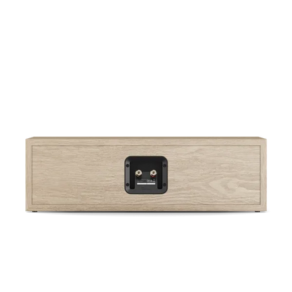 Dali Sonik Cinema boxă centru Natural Oak, vedere spate, panou conexiuni cu borne speaker și etichetă CE