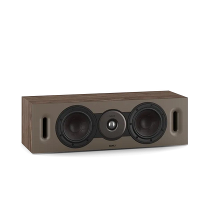 Boxă centru Dali Sonik Cinema Boxa centru Walnut, vedere frontală, 2 woofere, tweeter, porturi bass-reflex laterale
