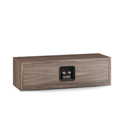 Dali Sonik Cinema boxă centru Walnut, vedere spate, panou conexiuni cu borne difuzor și etichetă CE.