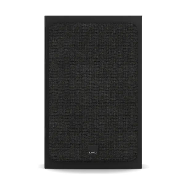 Boxă on-wall Dali Sonik Black Ash, vedere frontală cu grilă textilă montată și logo DALI jos.