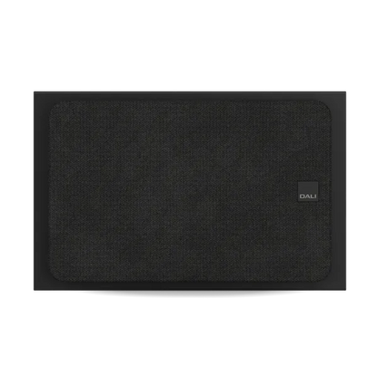 Dali Sonik ON-WALL boxă Black Ash, vedere frontală orizontală, grilă textilă montată, logo DALI