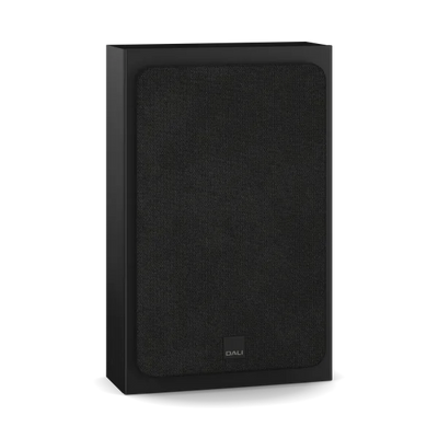 Dali Sonik ON-WALL boxă Black Ash, vedere frontală cu grilă textilă montată și logo DALI jos.