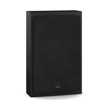 Dali Sonik ON-WALL boxă Black Ash, vedere frontală cu grilă textilă montată și logo DALI jos.