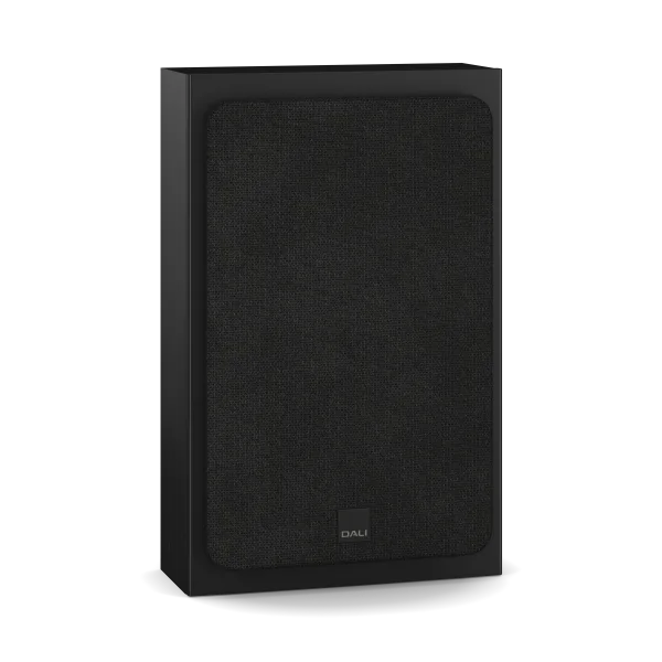 Dali Sonik ON-WALL boxă Black Ash, vedere frontală cu grilă textilă montată și logo DALI jos.