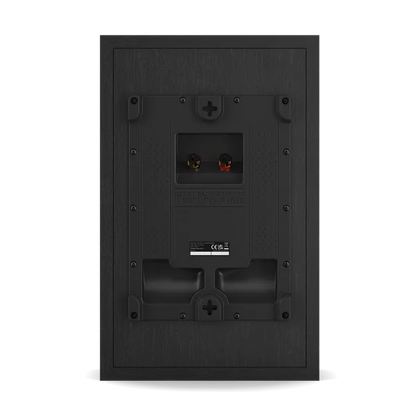 Vedere spate Dali Sonik ON-WALL Black Ash: terminale boxă roșu/negru, suport montaj perete.