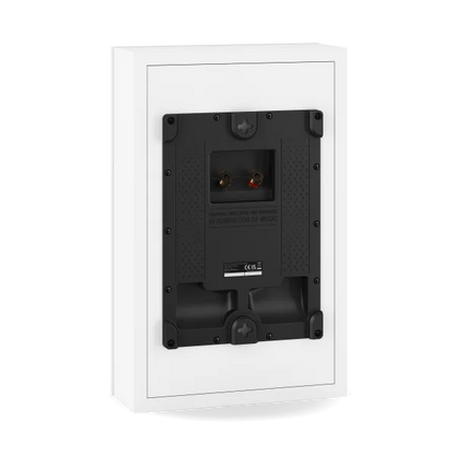 Boxă Dali Sonik ON-WALL albă, vedere spate: panou montaj perete, borne conexiune cablu difuzor.