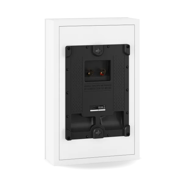 Boxă Dali Sonik ON-WALL albă, vedere spate: panou montaj perete, borne conexiune cablu difuzor.