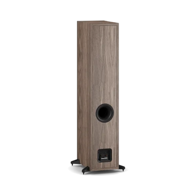 Boxă de podea Dali Sonik 7 culoare nuc, vedere spate cu port bass reflex și conectori audio.