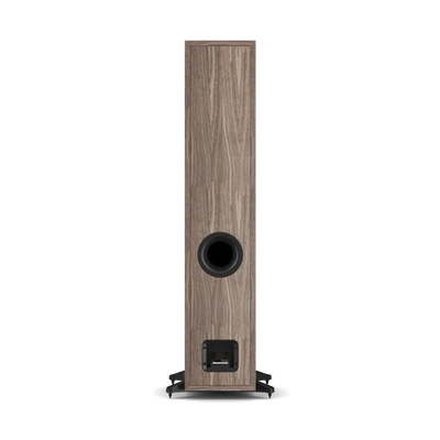Boxă de podea Dali Sonik 7 culoare nuc, vedere din spate cu port bass reflex și conectori audio.
