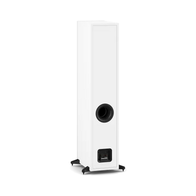 Boxă de podea Dali Sonik 7 alb, vedere din spate, port bass reflex și conectori audio vizibili.