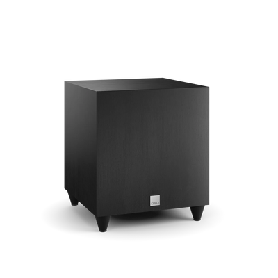 Subwoofer Dali SUB C-8 D, vedere laterală, finisaj negru ash, logo frontal vizibil, picioare suport.
