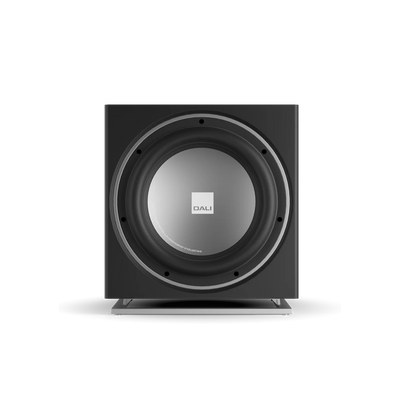 Subwoofer Dali SUB E-12 F, culoare negru satin, vedere frontală. Difuzor mare central vizibil.