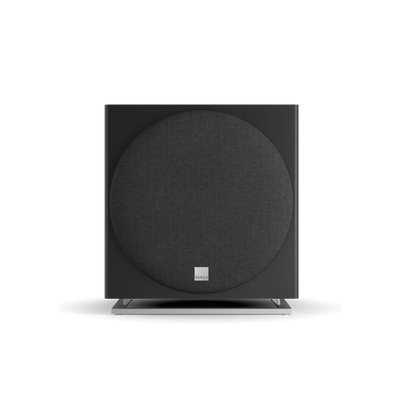 Subwoofer Dali SUB E-12 F, negru satin, vedere frontală cu grilă. Ideal pentru sisteme audio.