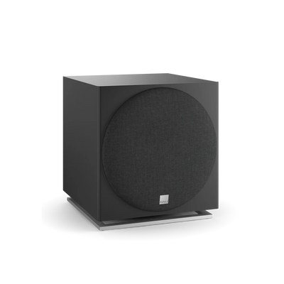Subwoofer Dali SUB E-12 F, vedere frontală, culoare negru satin, grilaj vizibil, ideal pentru home theater.