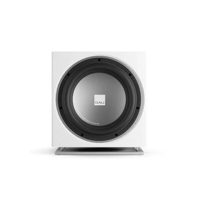 Subwoofer Dali SUB E-12 F, vedere frontală, culoare alb satin, difuzor central vizibil, logo Dali.