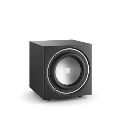 Subwoofer Dali SUB E-9 F, vedere frontală, culoare negru satin, difuzor central vizibil, design compact.