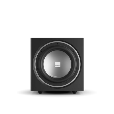 Subwoofer Dali SUB E-9 F, negru satin, vedere frontală. Difuzor central vizibil, ideal pentru home theater.