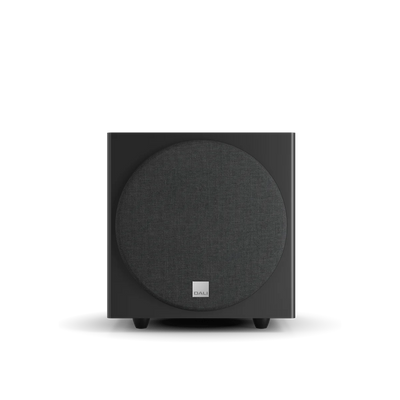 Subwoofer Dali SUB E-9 F, vedere frontală, culoare negru satin, grilă frontală vizibilă.