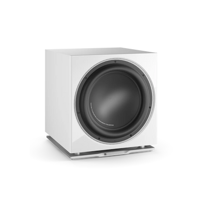 Subwoofer Dali SUB K-14 F, culoare alb satin, vedere frontală. Vizibil difuzorul mare și carcasa robustă.