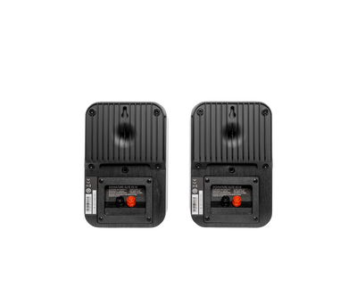 Spatele boxelor Polk Audio Signature Elite ES10 negre, cu conectori roșii și negri și suport de montare.