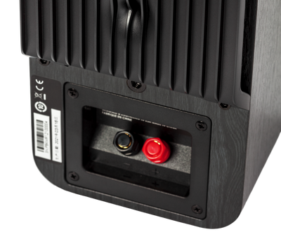 Conexiuni spate boxe Polk Audio Signature Elite ES10 negre, detalii terminale și radiator pasiv.