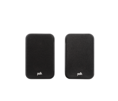 Boxe Polk Audio Signature Elite ES10 negre, vedere frontală cu grilaj, logo Polk vizibil pe ambele boxe.