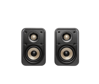 Boxe Polk Audio Signature Elite ES10 negre, vedere frontală, difuzoare și tweeter vizibile, pereche.