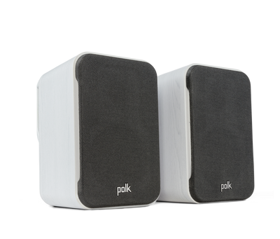 Boxe Polk Audio Signature Elite ES10, alb, vedere din dreapta. Grile frontale negre, finisaj alb elegant.