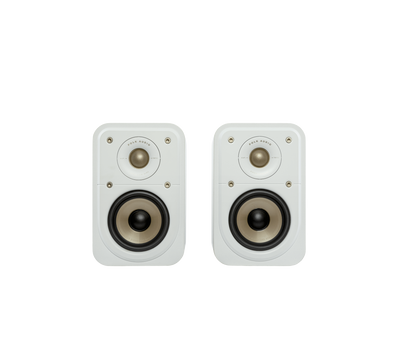 Polk Audio Signature Elite ES10 Boxe de raft, vedere frontală, culoare albă, difuzoare și tweetere vizibile.