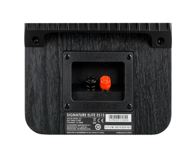 Spatele boxei Polk Audio Signature Elite ES15 negru, cu conectori roșii și negri și etichetă specificații.