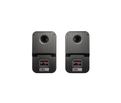 Spatele boxelor Polk Audio Signature Elite ES20 negre, cu porturi de conectare și orificii pentru montare.