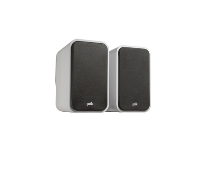 Boxe Polk Audio Signature Elite ES20 albe, vedere din dreapta, cu grilaj negru, design compact, logo vizibil.