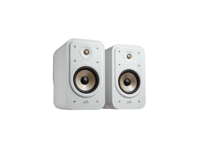 Boxe albe Polk Audio Signature Elite ES20, vedere din dreapta, difuzoare și tweeter vizibile frontal.