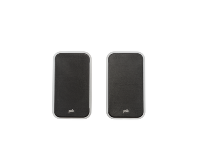 Polk Audio Signature Elite ES20, vedere frontală cu grile negre, pereche boxe raft, culoare albă.