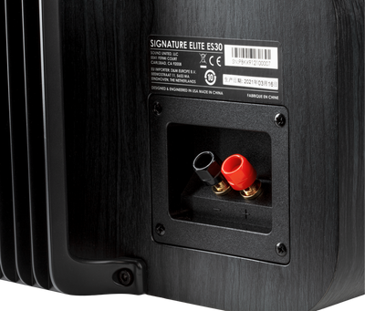 Conectori spate Polk Audio Signature Elite ES30, culoare neagră, detalii terminale roșu/negru vizibile.