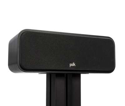 Boxa centru Polk Audio Signature Elite ES30, vedere frontală pe suport, culoare neagră, logo vizibil.