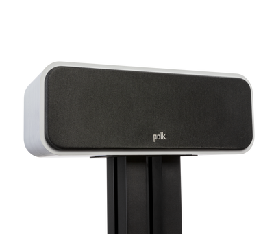 Boxa centru Polk Audio Signature Elite ES30 albă, vedere frontală pe suport, grilă neagră vizibilă.