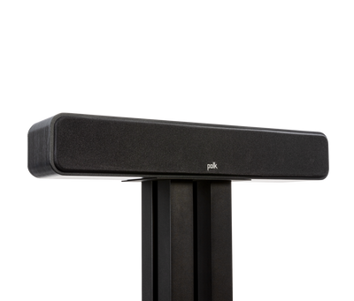 Boxa centru Polk Audio Signature Elite ES35, vedere frontală pe suport, culoare neagră, logo vizibil.