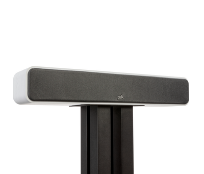 Boxă centru Polk Audio Signature Elite ES35, vedere frontală pe suport, culoare albă, grilaj negru.