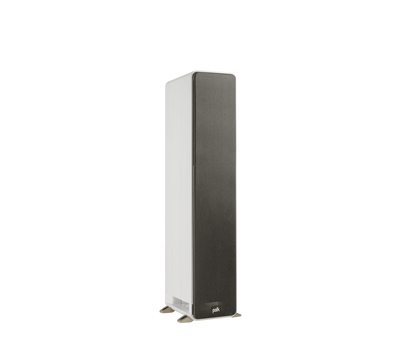 Boxa de podea Polk Audio Signature Elite ES50, albă, vedere din dreapta, grilaj frontal negru.