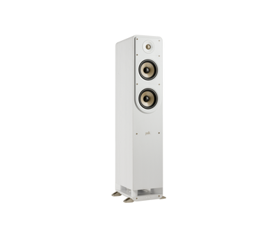 Boxă de podea Polk Audio Signature Elite ES50, albă, vedere din unghi dreapta, cu două difuzoare vizibile.
