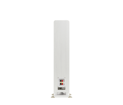 Spatele boxei Polk Audio Signature Elite ES50, alb, cu conectori de intrare vizibili și detalii tehnice.