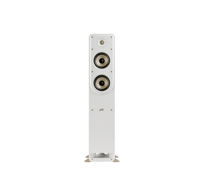 Boxa de podea Polk Audio Signature Elite ES50 alb, vedere frontală, cu două woofere și un tweeter vizibile.
