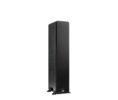 Boxă de podea Polk Audio Signature Elite ES50, negru, vedere din unghi dreapta, grilaj frontal montat.