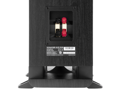Spatele boxei Polk Audio Signature Elite ES50, culoare neagră, arată conectorii pentru cabluri audio.