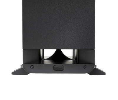 Polk Audio Signature Elite ES50, vedere de jos, culoare neagră, detalii suport și port bass reflex vizibile.