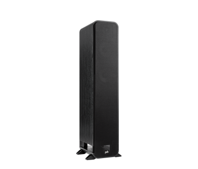 Boxa de podea Polk Audio Signature Elite ES55, negru, vedere din unghi drept, grilaj frontal vizibil.