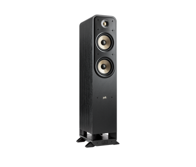 Boxă de podea Polk Audio Signature Elite ES55, neagră, vedere din unghi dreapta, cu două woofere vizibile.