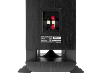 Spatele boxei Polk Audio Signature Elite ES55, culoare neagră, cu conectori roșii și negri vizibili.