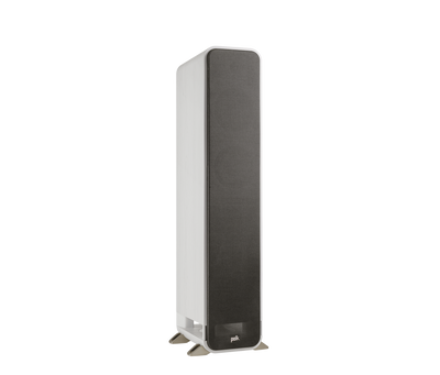 Boxă de podea Polk Audio Signature Elite ES55, albă, vedere din dreapta cu grilaj negru, logo vizibil.